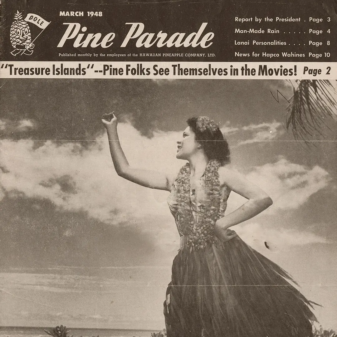 ld photo from the March 1948 issue of Pine Parade, featuring a woman performing hula. She is captured in mid-dance, gracefully moving, with traditional attire and an expressive pose, reflecting the cultural significance of hula in the local community.