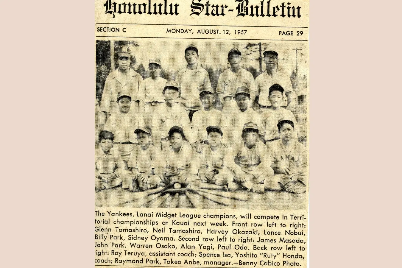 Honolulu Star Bulletin: August 12, 1957 Lanai Midget League Champions: The proud baseball team poses together, showcasing their championship spirit with medals and smiles, a memorable moment in their historic victory.